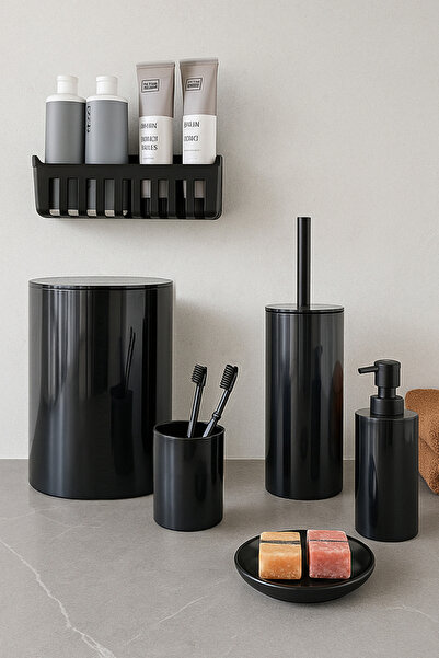 Prima Nova Flores Banyo Seti + Yapışkanlı Raf - Siyah