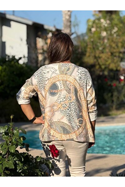 Punta Otantik Yg90662 Mercerized V-Neck Printed Italian Blouse Yellow