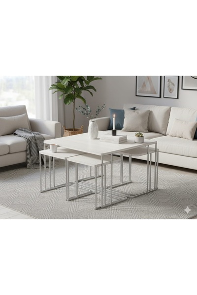 usta mekan Seul 5 li Tekerli Gümüş Beyaz Yavrulu 4+1 Kare Orta Sehpa