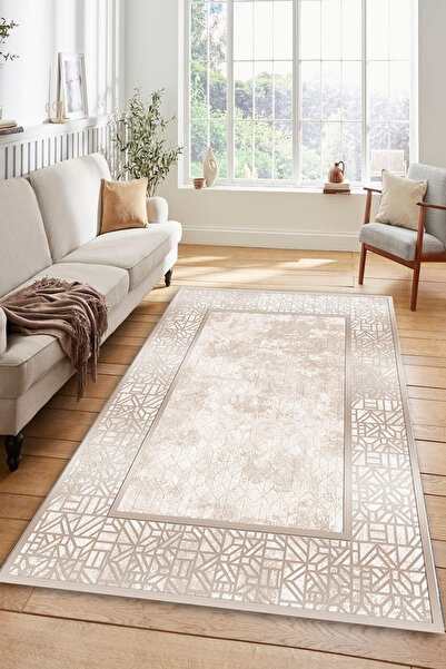 Kessy Home Studio Modern Krem Salon Halısı Makinede Yıkanabilir Kaymaz Taban ...