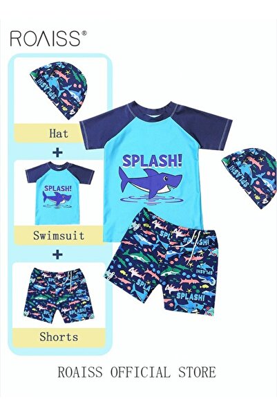 ROAISS طقم ملابس سباحة للأطفال من 3 قطع مع قبعة، ملابس سباحة مطبوعة بحروف سمك...