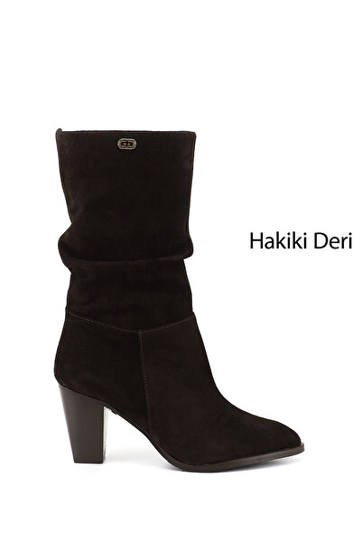 GÖNDERİ(R) Women's Brown Suede Pointed Toe Gusseted Thick Heeled Genuine Leather Boots