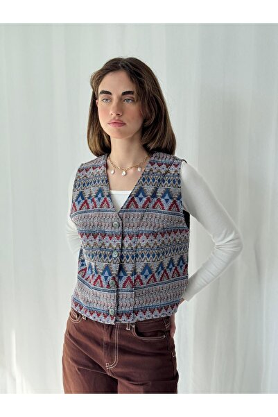 Retrobird Kilim Pattern Design Vest Women's Gray-Blue