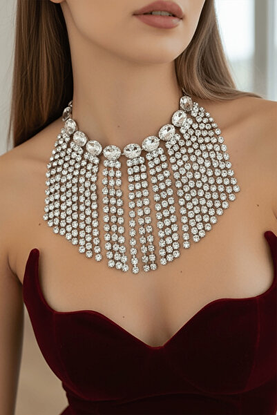 TAKIŞTIR Gümüş Renk Taş Detaylı Tasarım Abiye Kolye