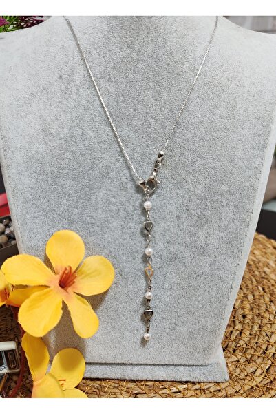 elbi bijuteri Metallic Heart Pearl Themed Y Necklace