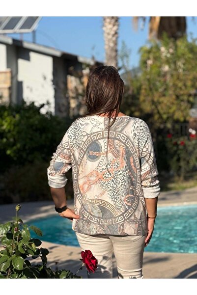 Punta Otantik YG90662 Μερσεριζέ ιταλική μπλούζα με λαιμόκοψη σε σχήμα V με τύπωμα ΓΚΡΙ