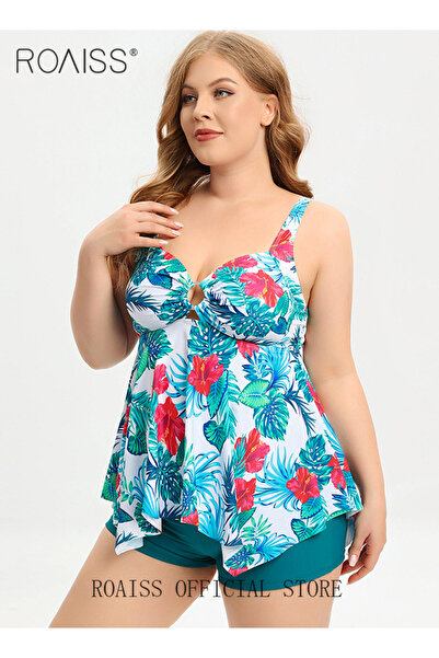 ROAISS 2 Piece Plus Size Swimsuit for Women Conservative Split Bikini Suits Involves High Waisted Tankini D