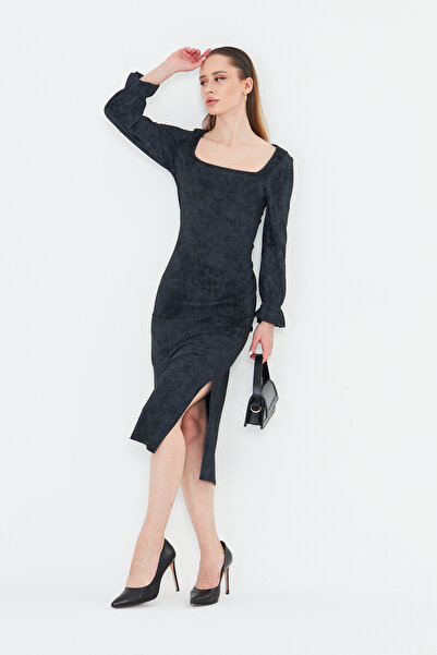 ESPİNA Women's Tie-Dye Pattern Square Neck Gathered Sleeves Single Slit Midi Dress