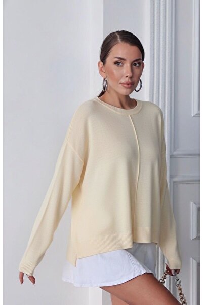 Maysev Kadın Oversize Basic Nervür Dikişli Triko Yuvarlak Yaka, Rahat Kalıp Y...