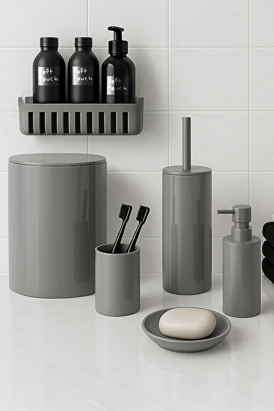 Prima Nova Flores Banyo Seti + Yapışkanlı Raf - Gri