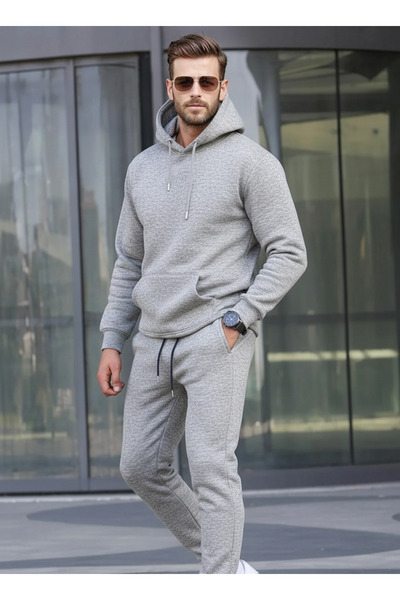 YAKAMEL Ανδρικό Σετ Φόρμας Χακί 3 Κλωστών με Κουκούλα και Λεπτομέρειες