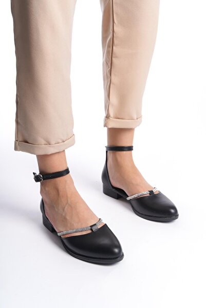 asmi shoes Women's Trey Black Leather Ballerinas with Stone Detail and Open Sides