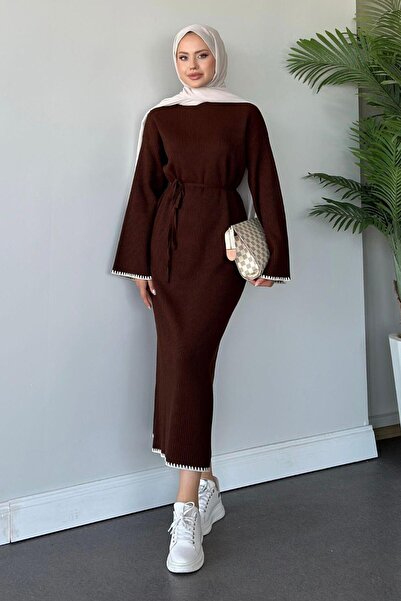 Vaveyla Kahverengi Kadın Çoban Dikişli Triko Elbise