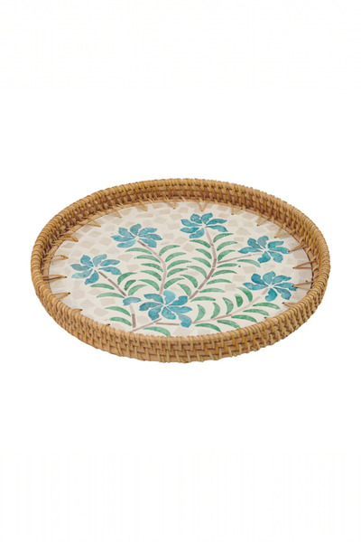 oceanpoint Round Rattan Framed Tray, with Mother of Pearl Shell Mosaic, 28 Cm, Blue Flower, Presentation Serving