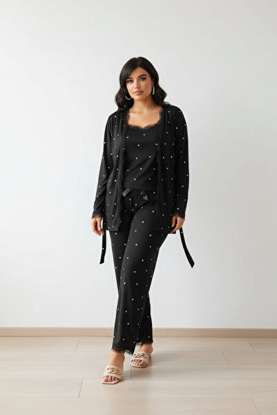 lacelove Large Size Pegasus Women's Pajamas Set with Lace Detail with Dressing Gown - Dowry Set