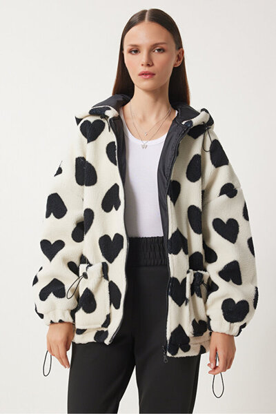 MANMARK Women's Oversized Hooded Heart Patterned Plush Jacket Coat