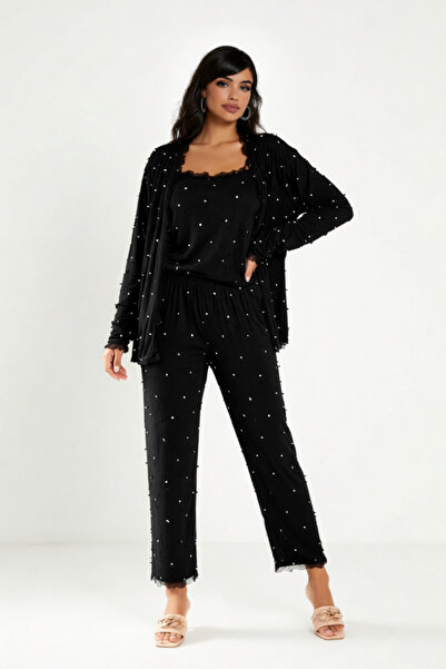 lacelove Large Size Pegasus Women's Pajamas Set with Lace Detail with Dressing Gown - Dowry Set