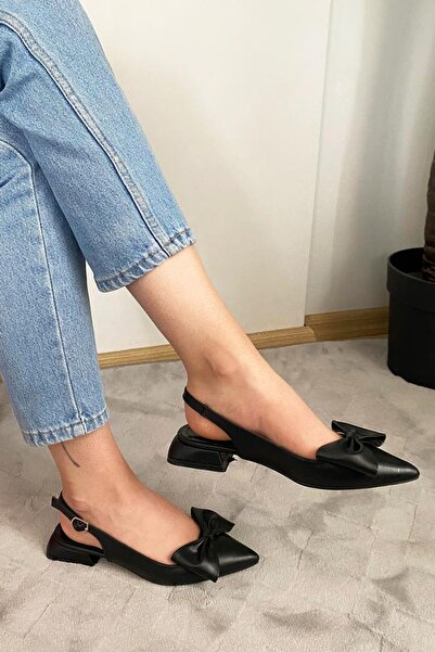 asmi shoes Sista Black Skin Bow Open Back 2 cm Heeled Pointed Toe Ballerinas