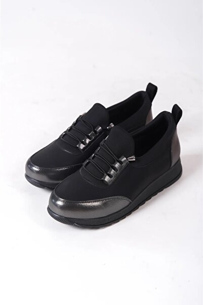 asmi shoes Women's Galina Black Platinum Laced Elastic Orthopedic Comfortable Sole Stone Detailed Daily Ballerina Mother's Foot