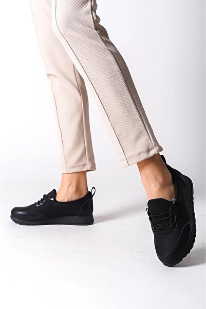 asmi shoes Women's Galina Black Lace-Up Elastic Orthopedic Comfortable Sole Stone Detailed Daily Ballerina Mother Shoes