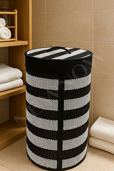 NEWNOW StripeWoven Premium Büyük Boy Hasır Desen Çamaşır Sepeti – Kapaklı ve ...