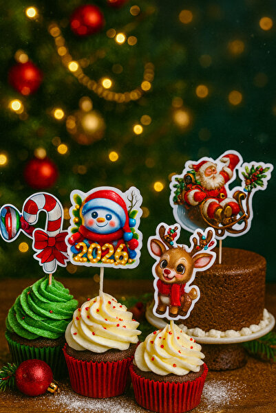 Ege Pastacılık Yılbaşı Temalı Pasta Süsü 5 li Noel Karakter Pasta ve Cupcake Kürdanı