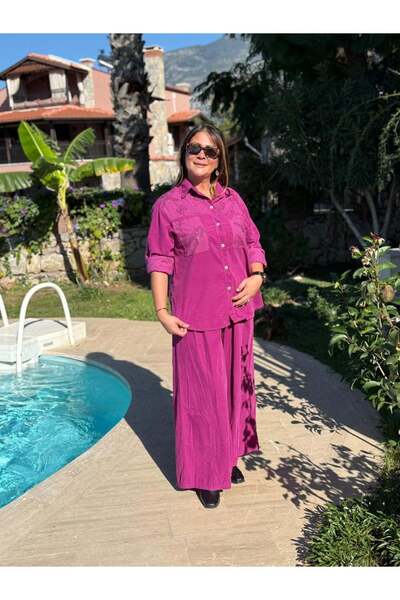 Punta Otantik Nc25446 Italian Velvet Sequin Pants Blouse Set Fuchsia
