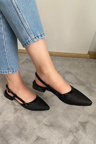 asmi shoes Women's Tena Black Patent Leather Glittery Open Back Pointed Toe Daily Ballerinas