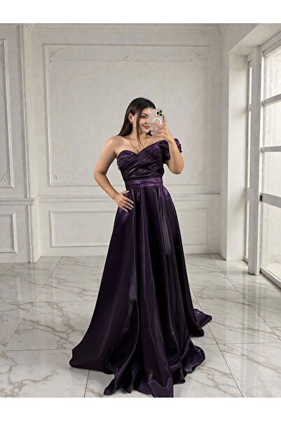OLA Galya Tek Kol Saten Parlak Mor Abiye Elbise