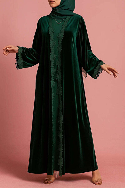 MayaCloset كيمونو وعباءة من مخمل الإسبريسو الفاخر الدافئ بتصميم دانتيل متقن -...