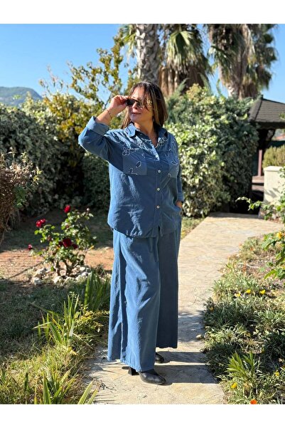 Punta Otantik Nc25446 Italian Velvet Sequin Pants Blouse Set Blue