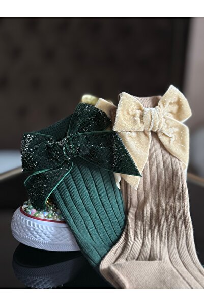 kiddos.ro Long cotton socks for children 0-8 years, for Christmas, with red, green or cream bows, Merry