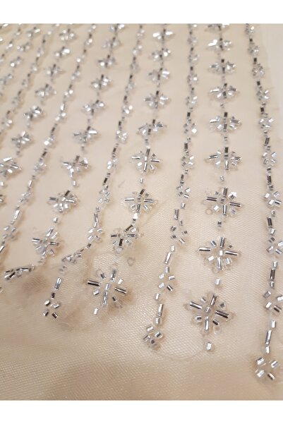 Safir Kumaş Krem Rengi Taş ve Boncuk İşlemeli Işıl Işıl Taşlı Dantel 3 Metre