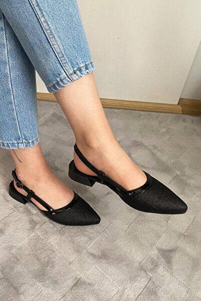 asmi shoes Women's Tena Black Patent Leather Glittery Open Back Pointed Toe Daily Ballerinas