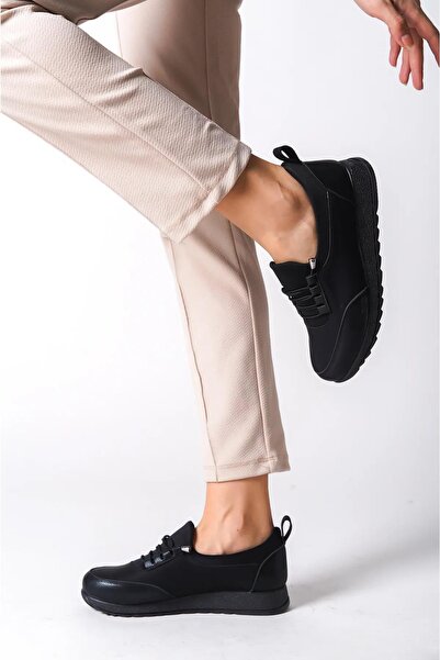 asmi shoes Women's Galina Black Lace-Up Elastic Orthopedic Comfortable Sole Stone Detailed Daily Ballerina Mother Shoes