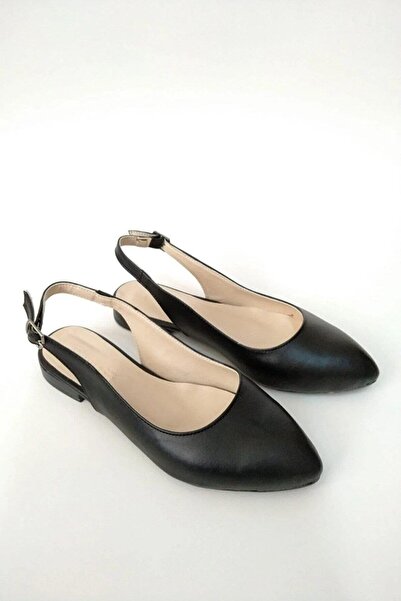 asmi shoes Women's Misty Black Leather Open Back Pointed Toe Daily Ballerinas