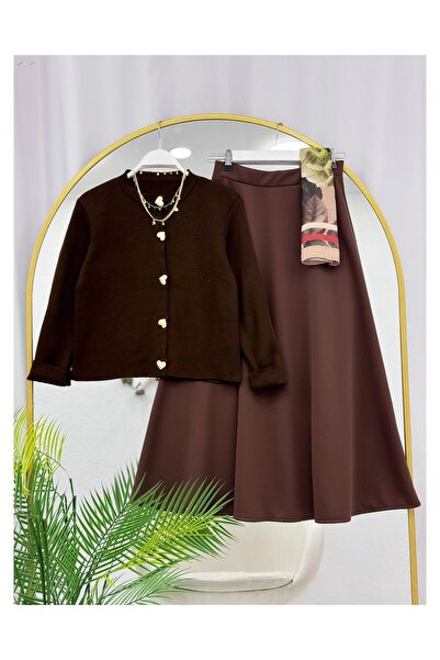 YEDİLALE Heart Buttoned Knitwear Cardigan Flawed Skirt Double Set [Cardigan Std Size, Skirt Size Included]