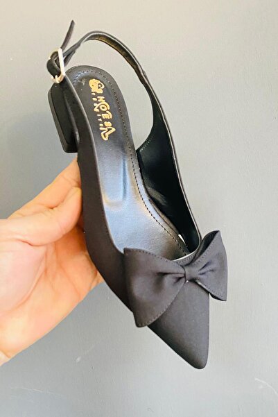 asmi shoes Sista Black Fabric Bow Open Back 2 cm Heeled Pointed Toe Ballerinas