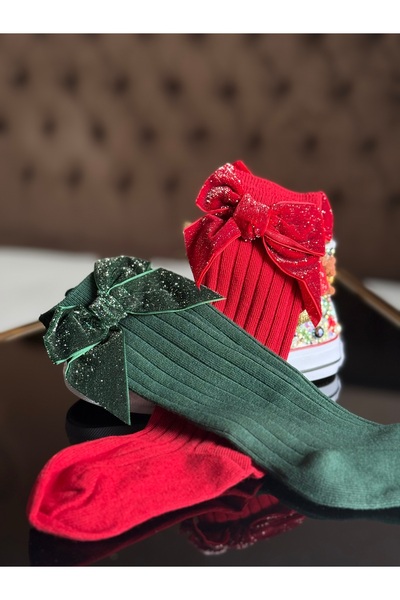 kiddos.ro Long cotton socks for children 0-8 years, for Christmas, with red, green or cream bows, Merry