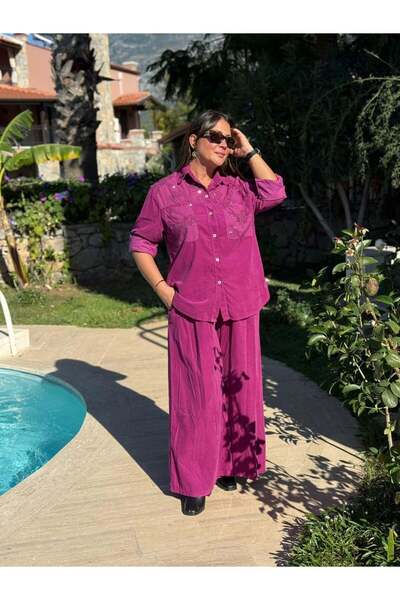 Punta Otantik Nc25446 Italian Velvet Sequin Pants Blouse Set Fuchsia