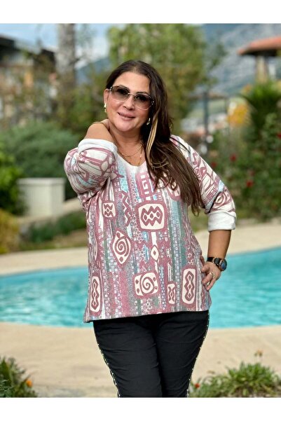 Punta Otantik Yg90664 Mercerized V-Neck Printed Italian Blouse Pink