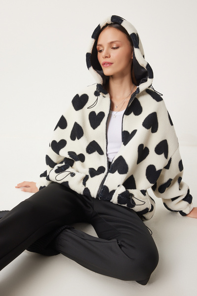 MANMARK Women's Oversized Hooded Heart Patterned Plush Jacket Coat
