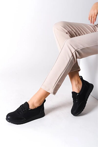 asmi shoes Women's Galina Black Lace-Up Elastic Orthopedic Comfortable Sole Stone Detailed Daily Ballerina Mother Shoes