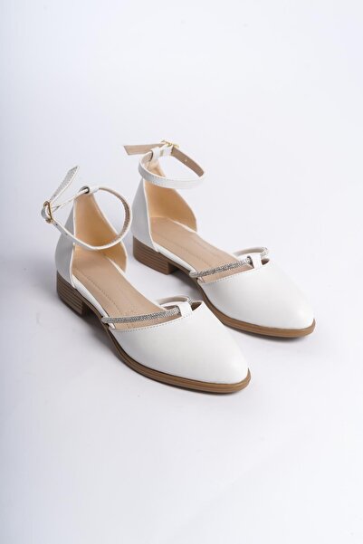 asmi shoes Women's Trey White Skin Stone Detailed Open Sides Ballerinas