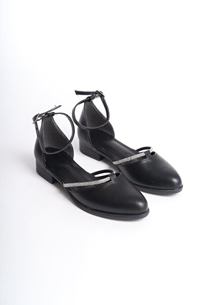 asmi shoes Women's Trey Black Leather Ballerinas with Stone Detail and Open Sides
