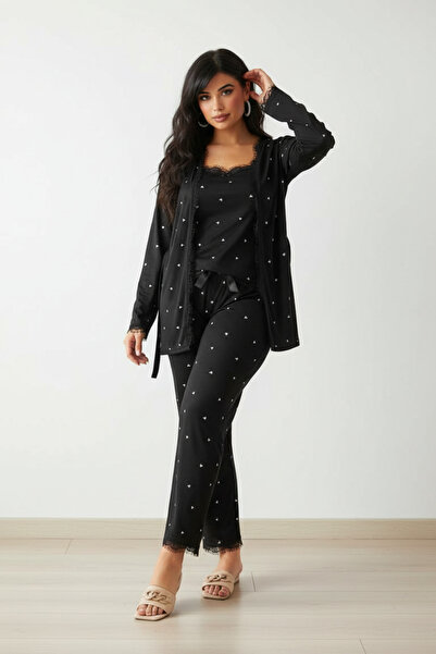 lacelove Large Size Pegasus Women's Pajamas Set with Lace Detail with Dressing Gown - Dowry Set