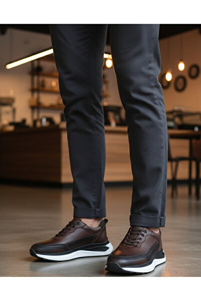 Ata Shoes 4001 Men's Coffee Casual Seasonal Genuine Leather Shoes Light Sole Orthopedic Lace-Up