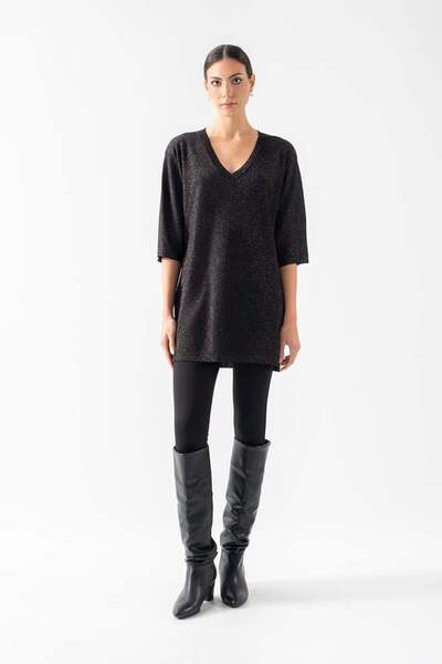 Spazio Rushing V Yaka Uzun Kol Yanı Yırtmaçlı Simli Triko SİYAH
