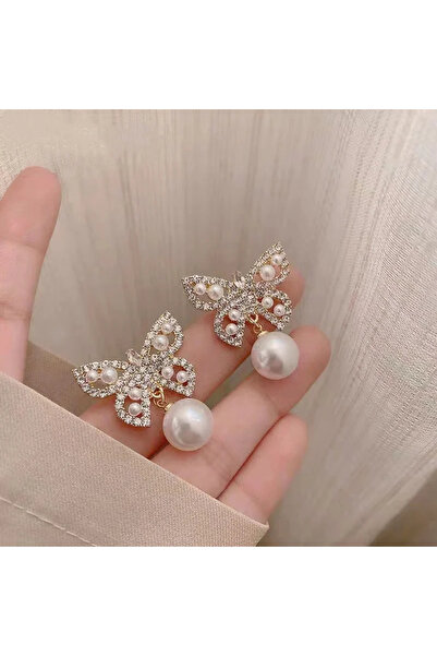 GlaMLo Accessories Butterfly Earrings with Crystals and Pearl – Elegant Model, Length 3 cm