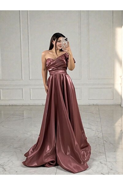 OLA Galya Tek Kol Saten Parlak Gül Kurusu Abiye Elbise-40